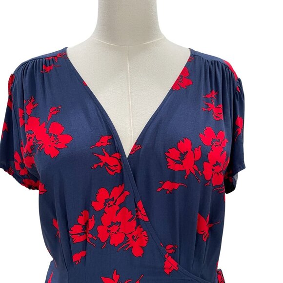 Womens Wrap Dress Red Floral Navy Midi V Neck Cottagecore Soft Girl Preppy M - Picture 7 of 8